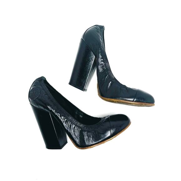 Chanel Classic Black CC Logo Stretch Pumps – Block Heel Leather Heels Size EU 38 - Picture 3 of 10